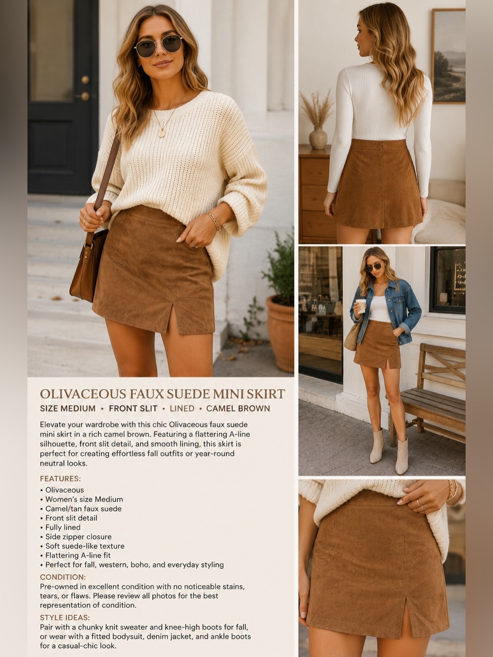 Olivaceous Faux Suede Mini Skirt Women’s Medium Camel Brown Front Slit Boho
